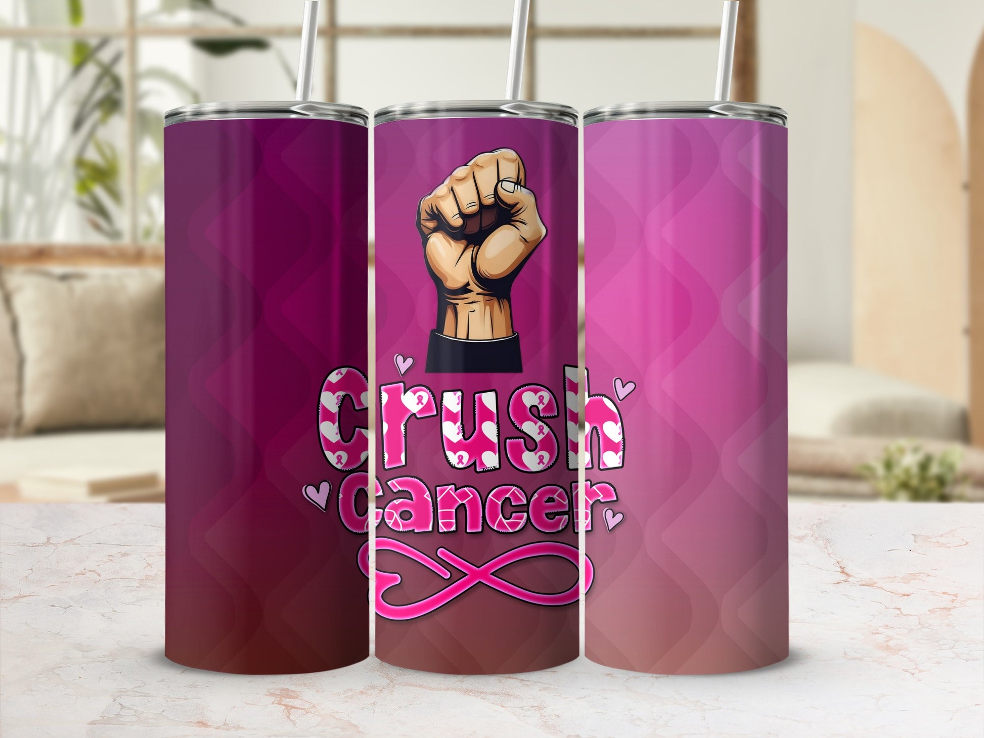 Three tumblers with "Crush Cancer" text and a fist graphic.