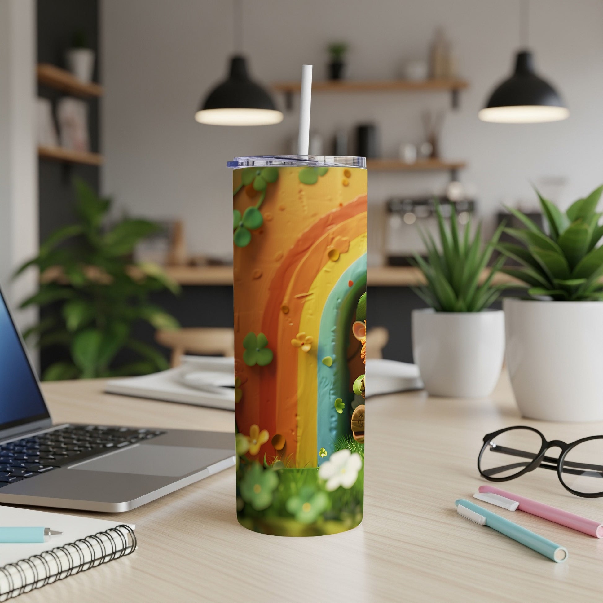 Rainbow and shamrock design on a tall tumbler with a straw.