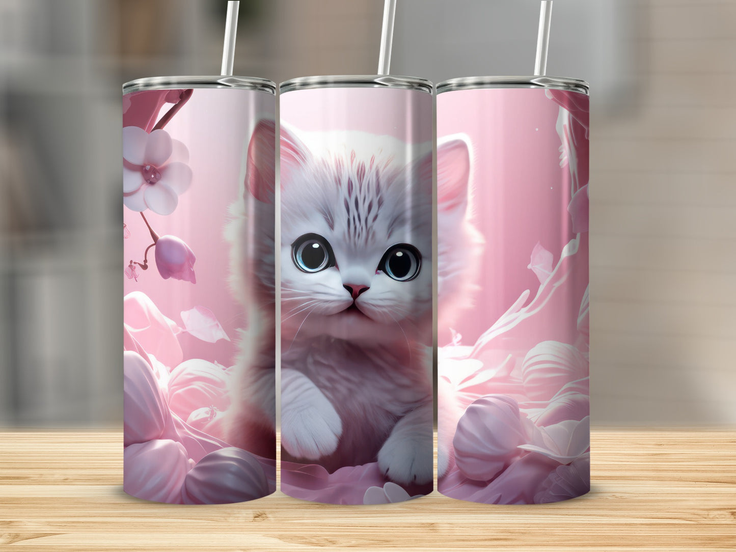 Pink tumbler with fluffy white kitten surrounded by pink flowers.