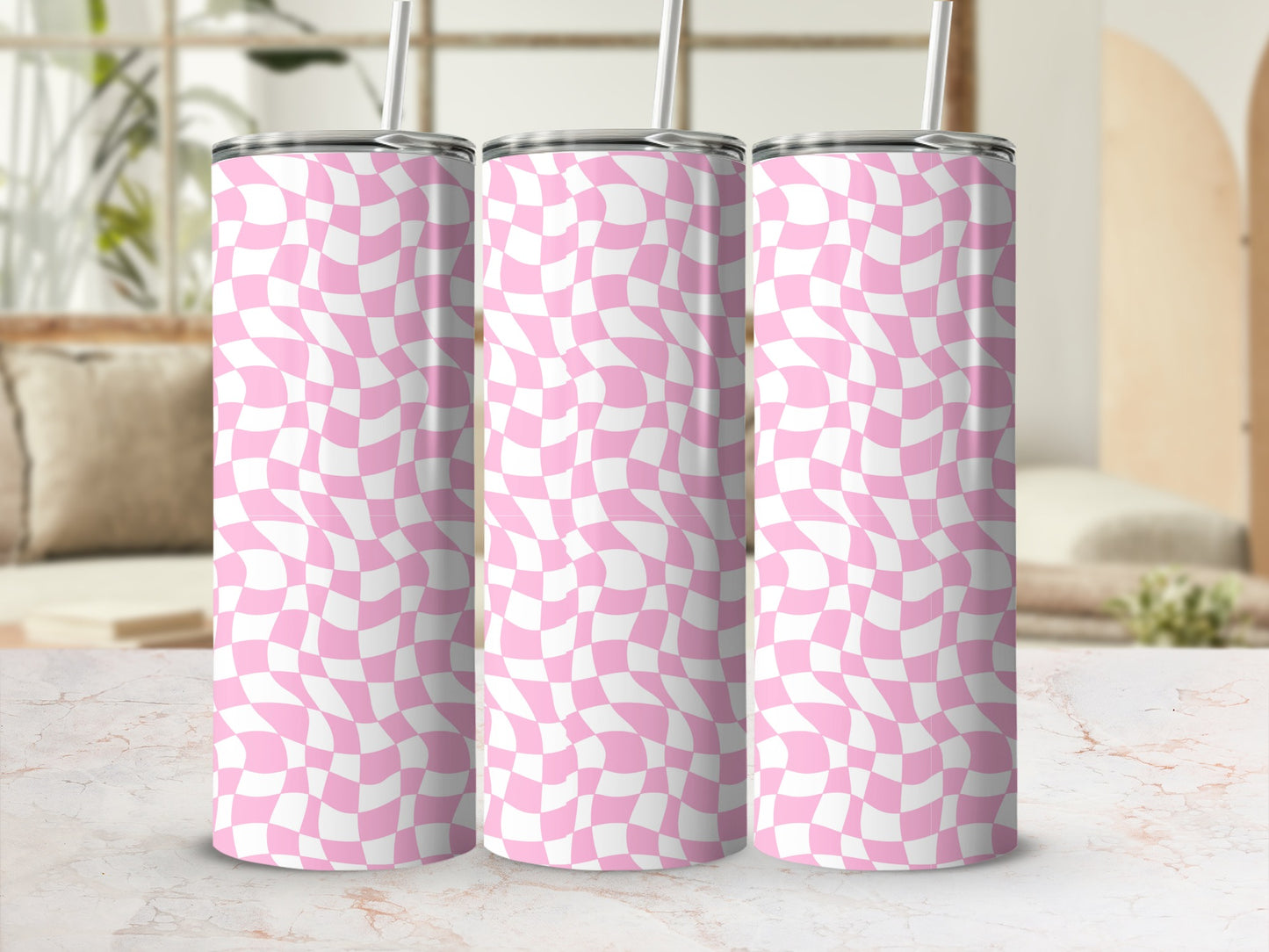 Three tall tumblers with a warped pink and white checkerboard pattern.
