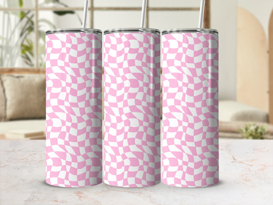 Three tall tumblers with a warped pink and white checkerboard pattern.