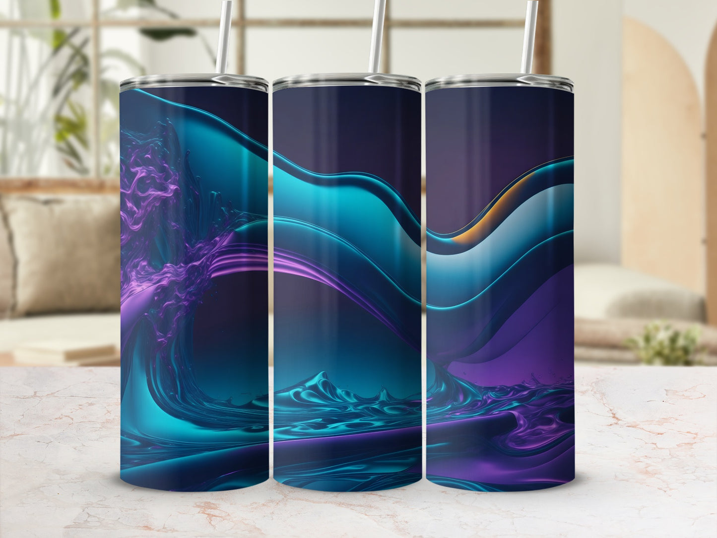 Three iridescent tumblers with wavy abstract designs in blue and purple hues.