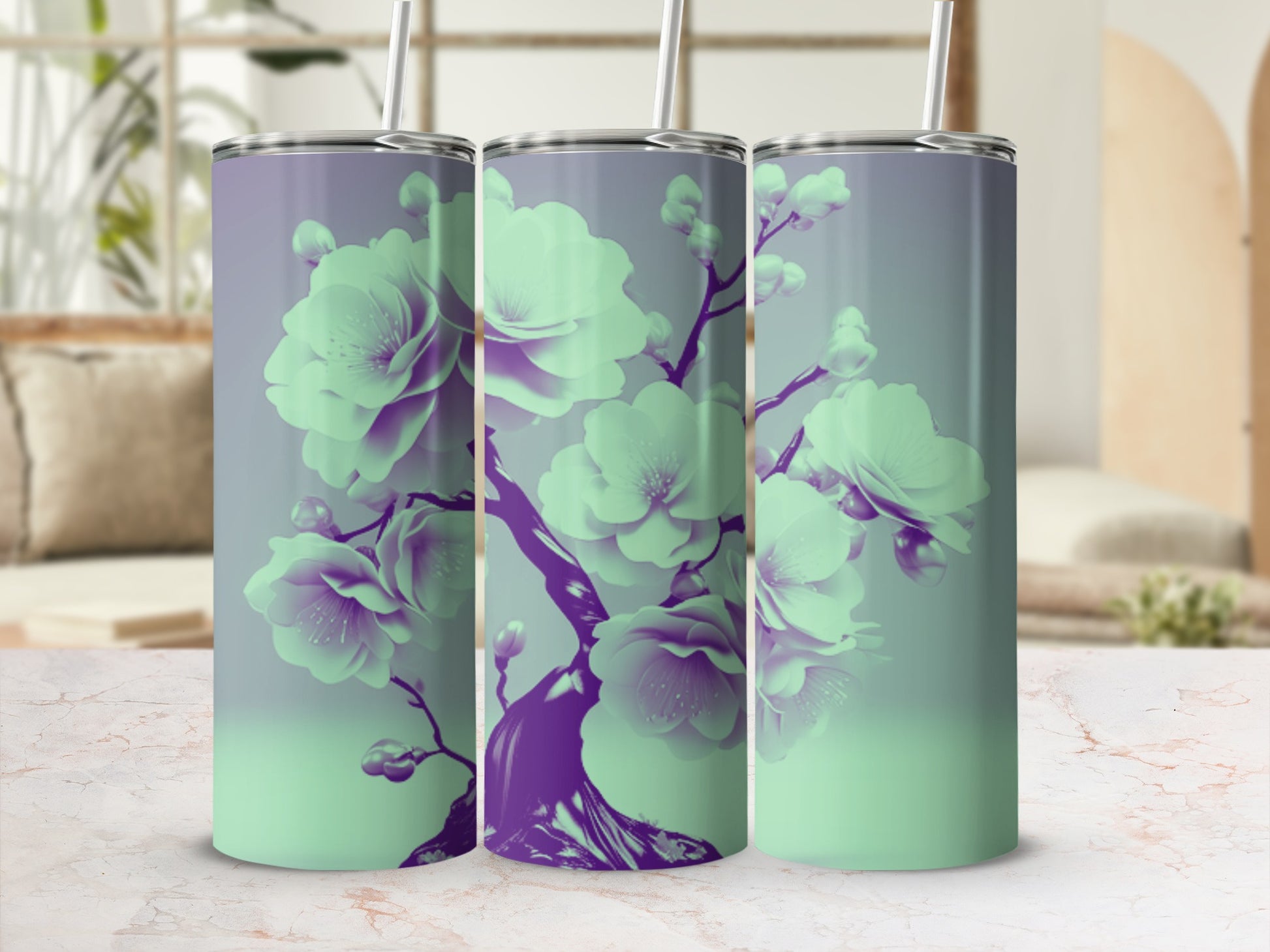 Three tumblers with a purple branch and green flowers.