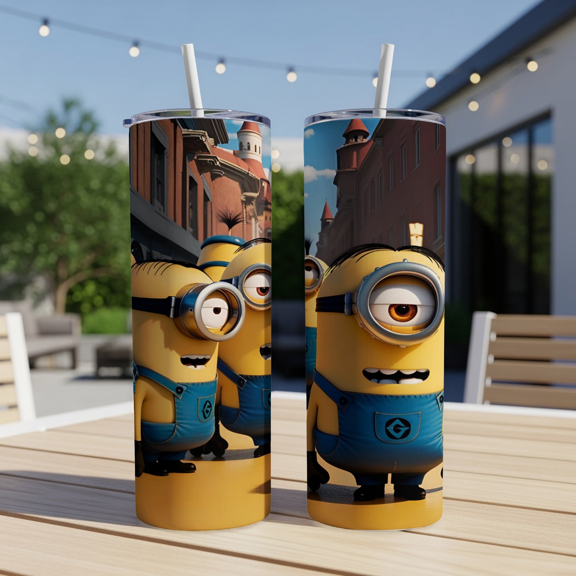 Two Minion characters on a patterned tumbler cup.
