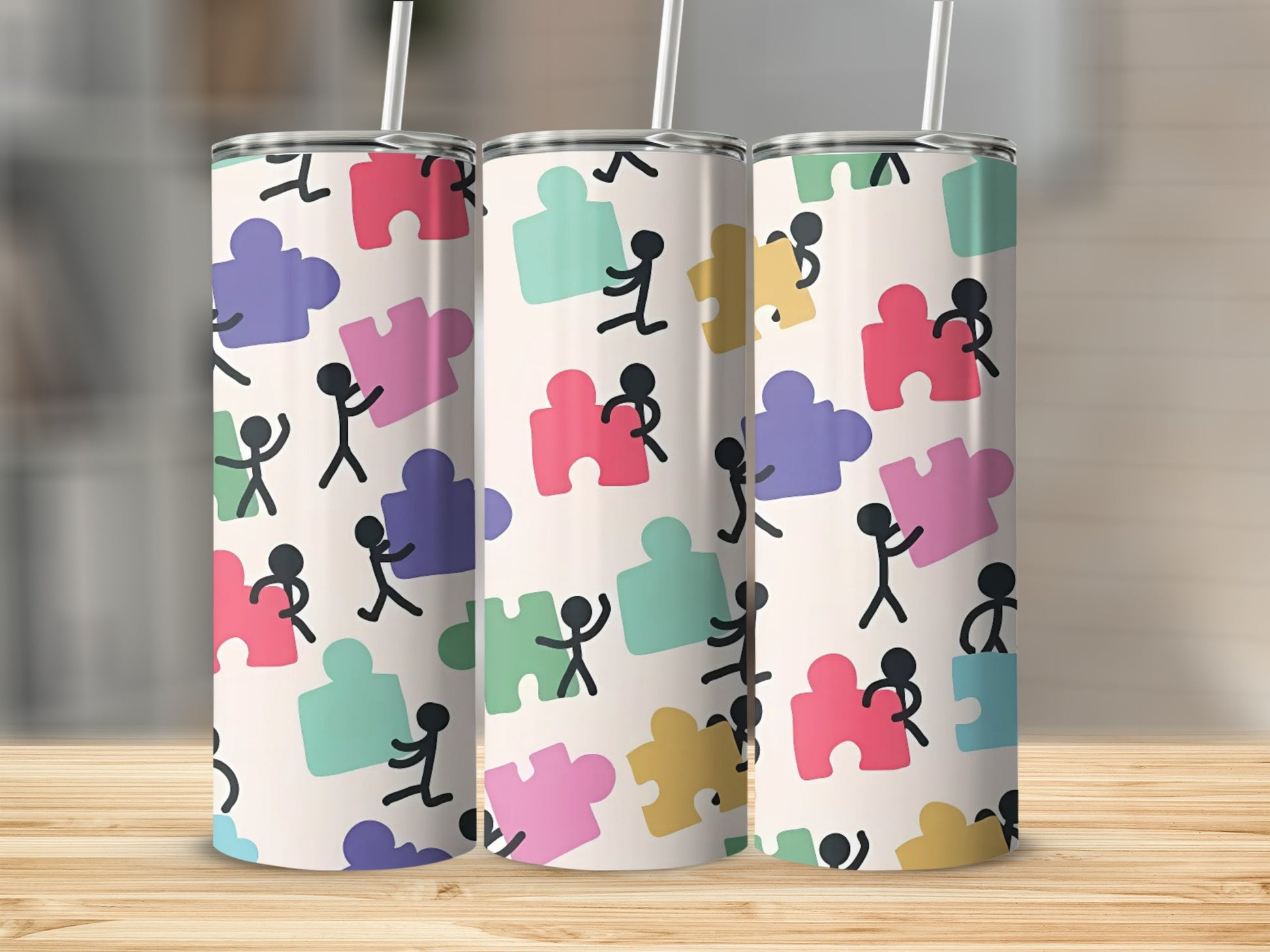 Colorful Stick Figure Puzzle Pattern Tumbler