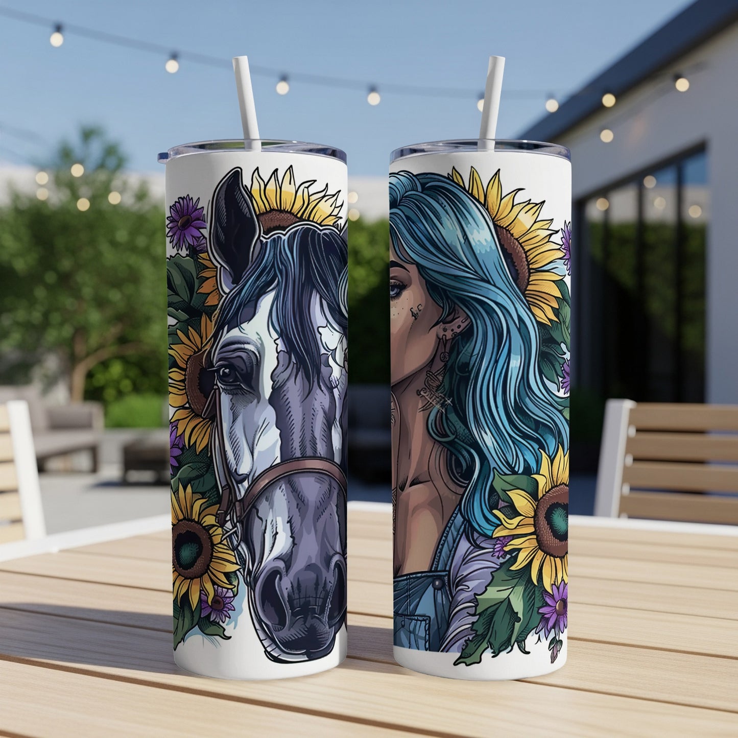 Two tumblers featuring a horse and a woman with blue hair against sunflowers.