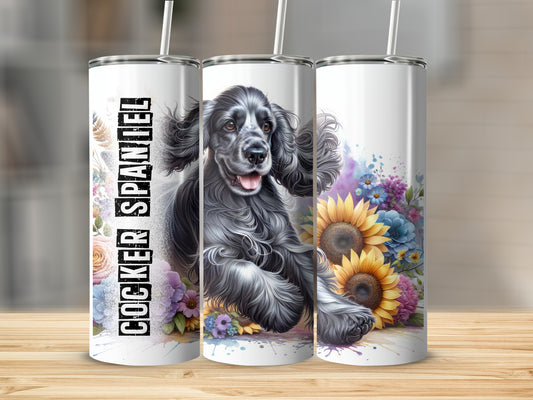 Black and white cocker spaniel with sunflowers and watercolor splashes.