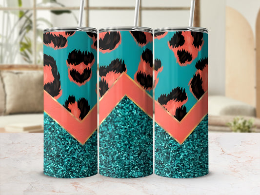 Teal tumbler with leopard print and glitter accent.