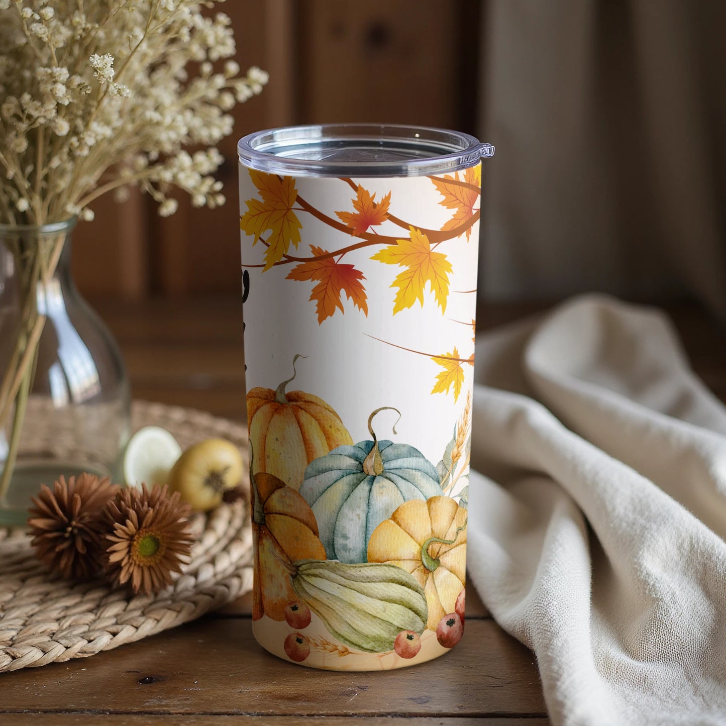 Autumn Pumpkin Fall Leaves Design Travel Tumbler Cup
