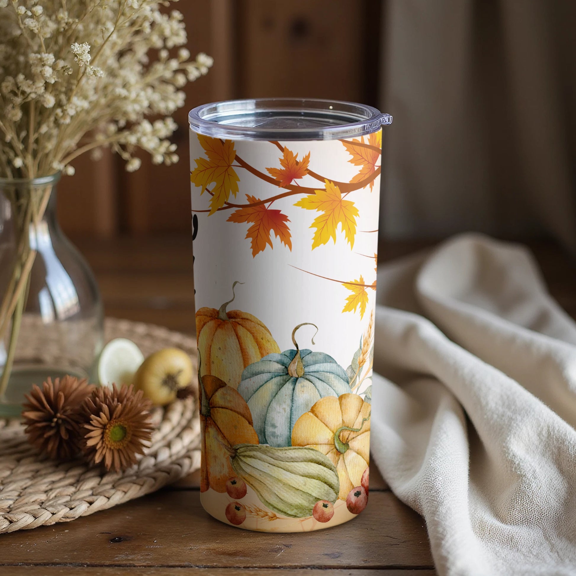 Autumn Pumpkin Fall Leaves Design Travel Tumbler Cup