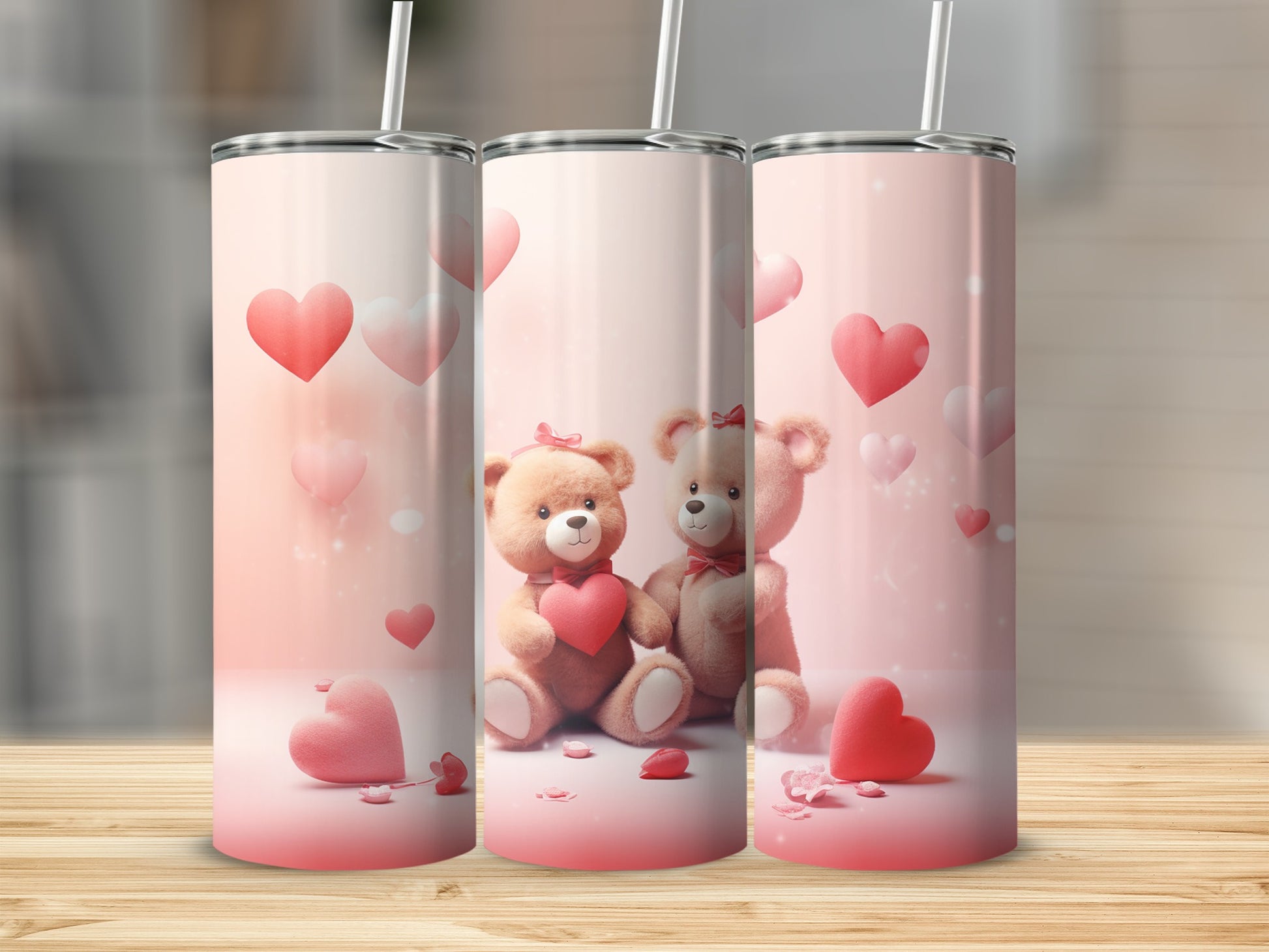 Adorable Teddy Bears with Hearts Design for Tumblers
