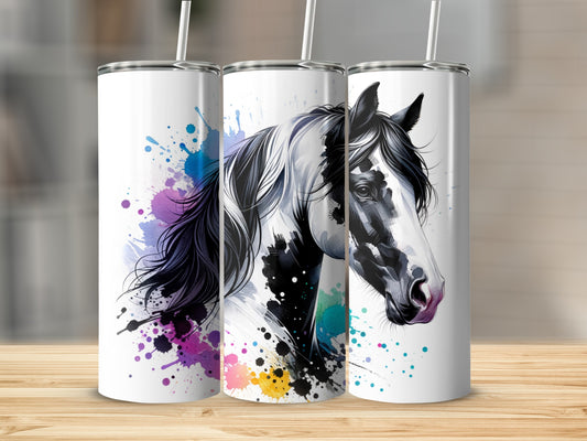 Horse head illustration with colorful paint splatters on a white tumbler.