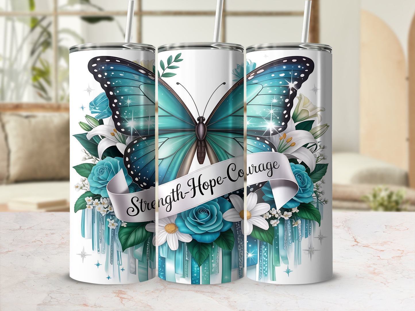 Strength Hope Courage Butterfly Floral Metal Tumbler