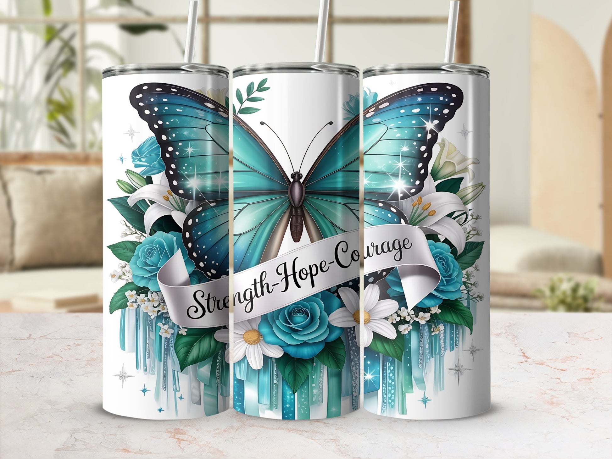 Strength Hope Courage Butterfly Floral Metal Tumbler