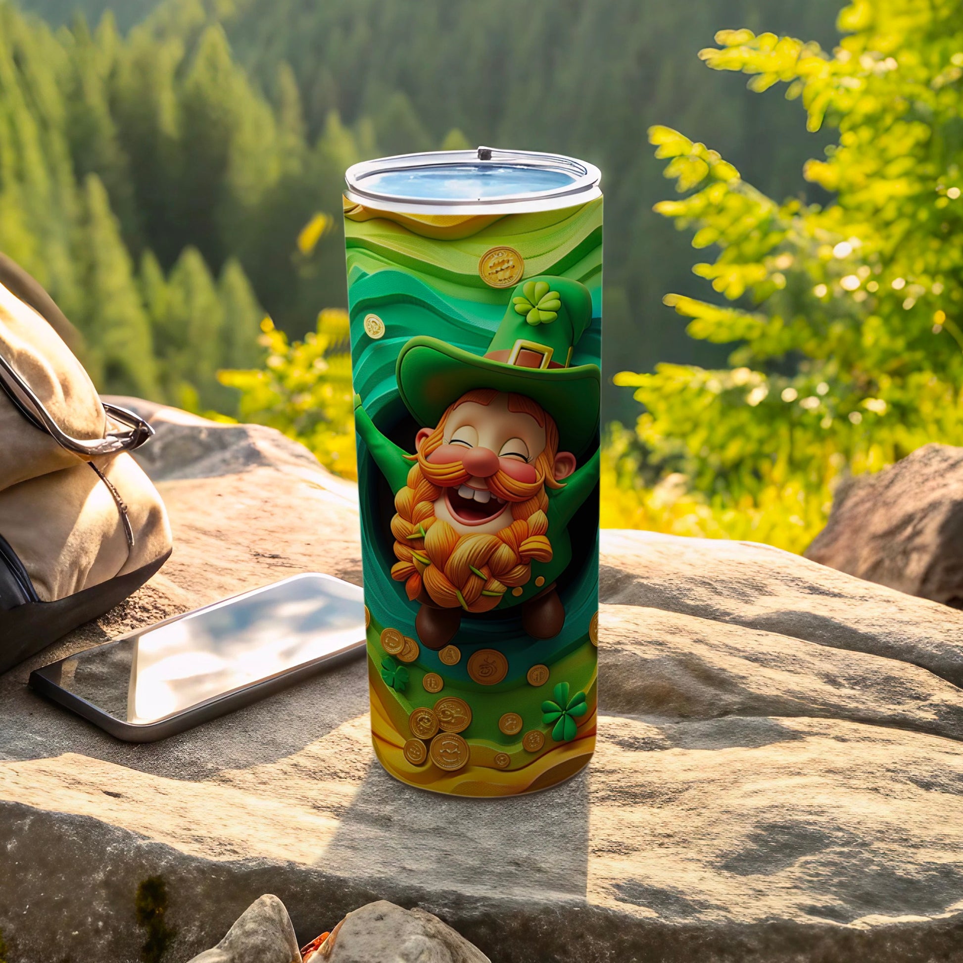 Leprechaun on a green, gold coin pattern tumbler, outdoors.