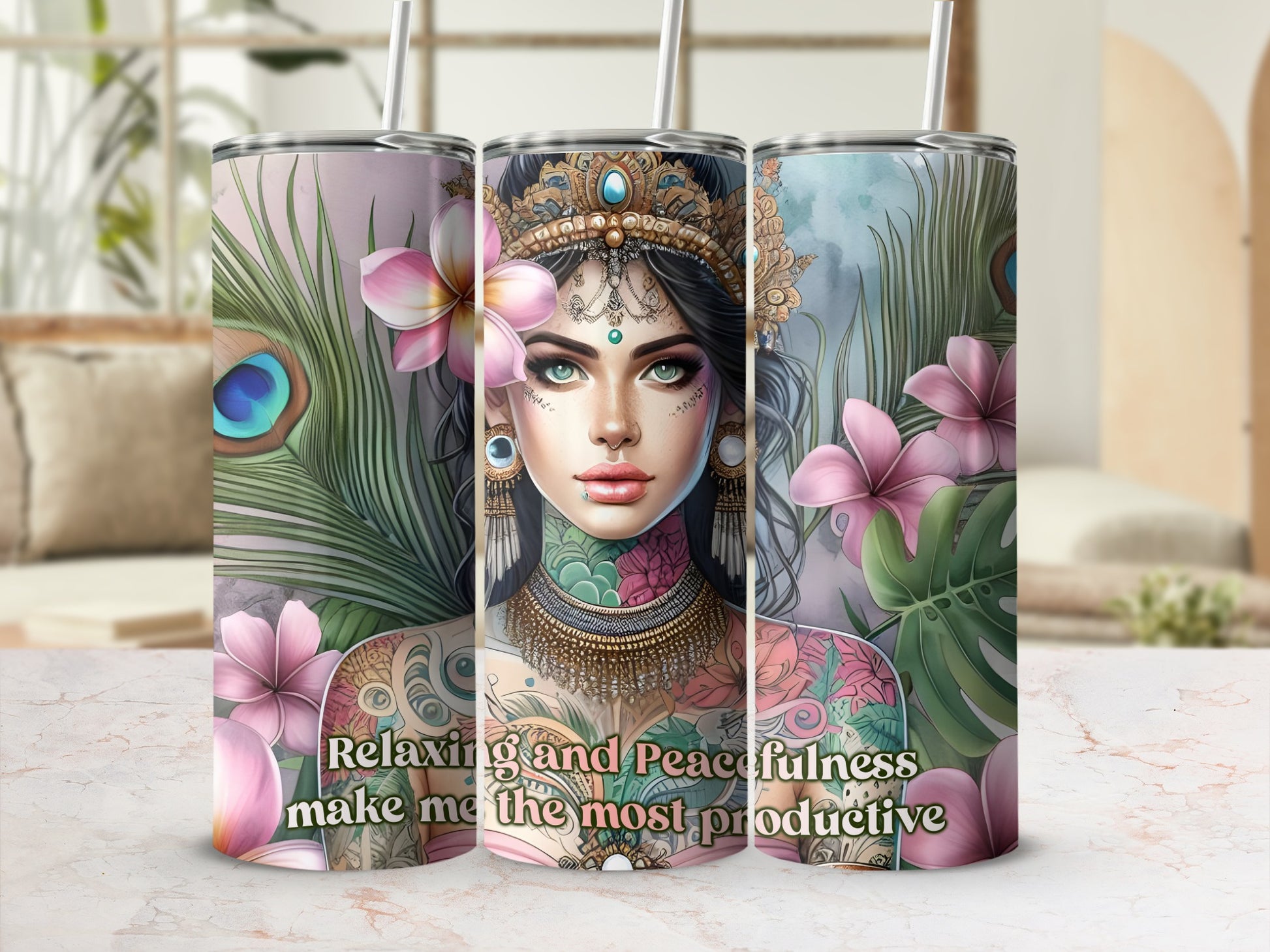 Woman with tattoos, flowers, and peacock feathers on a tumbler.