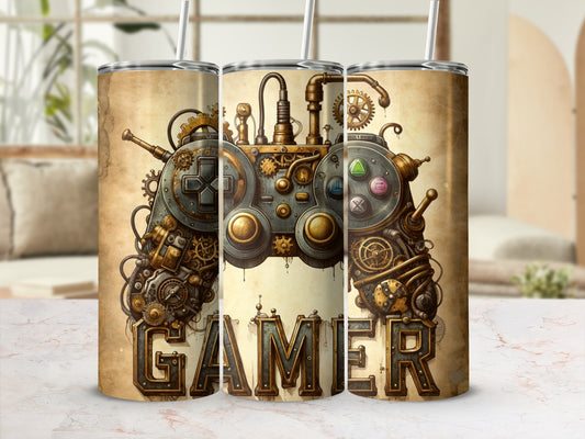 Steampunk video game controller with "GAMER" text against a blurred background.