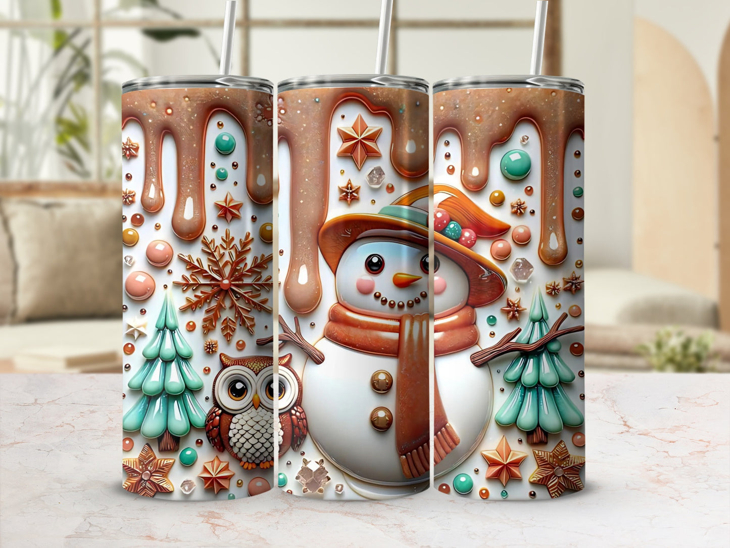 Festive Snowman and Owl Design Insulated Tumbler Cup