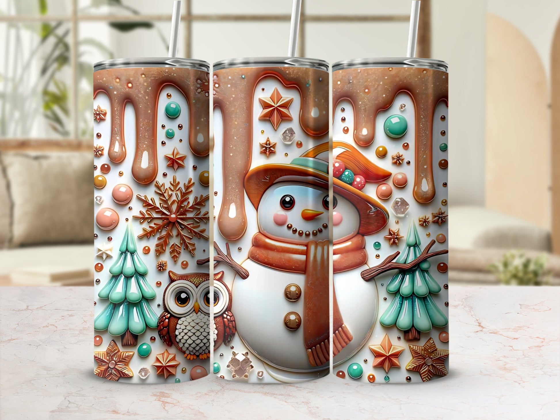 Festive Snowman and Owl Design Insulated Tumbler Cup