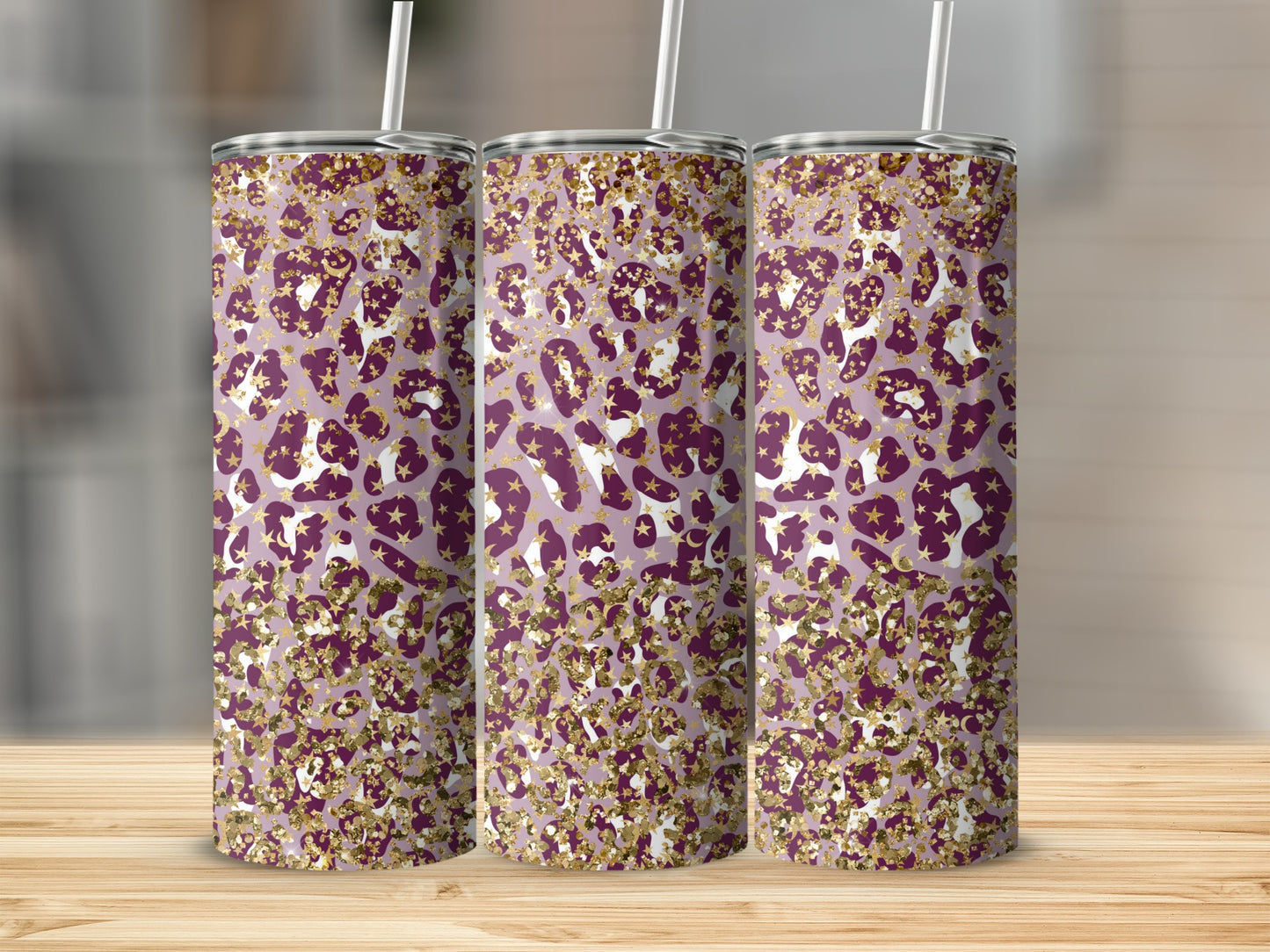 Glittery Purple and Gold Leopard Print Tumbler