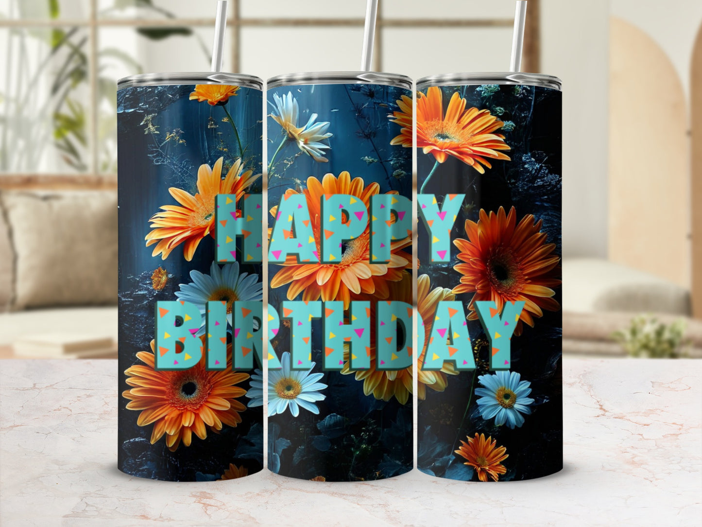 Tumbler with "Happy Birthday" text and colorful daisies against a dark blue background.