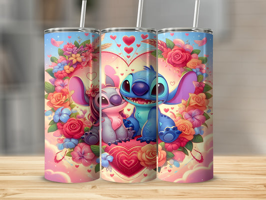 Stitch and Angel in heart surrounded by flowers and clouds.