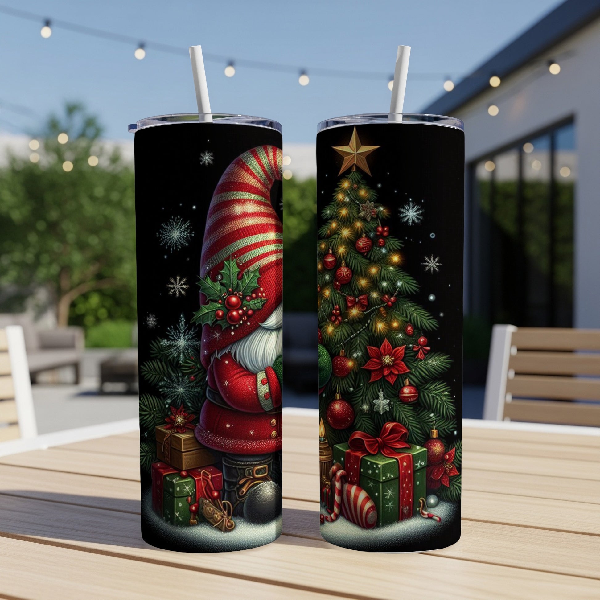 Gnome and Christmas tree tumbler with gifts, ornaments, and snowflakes.