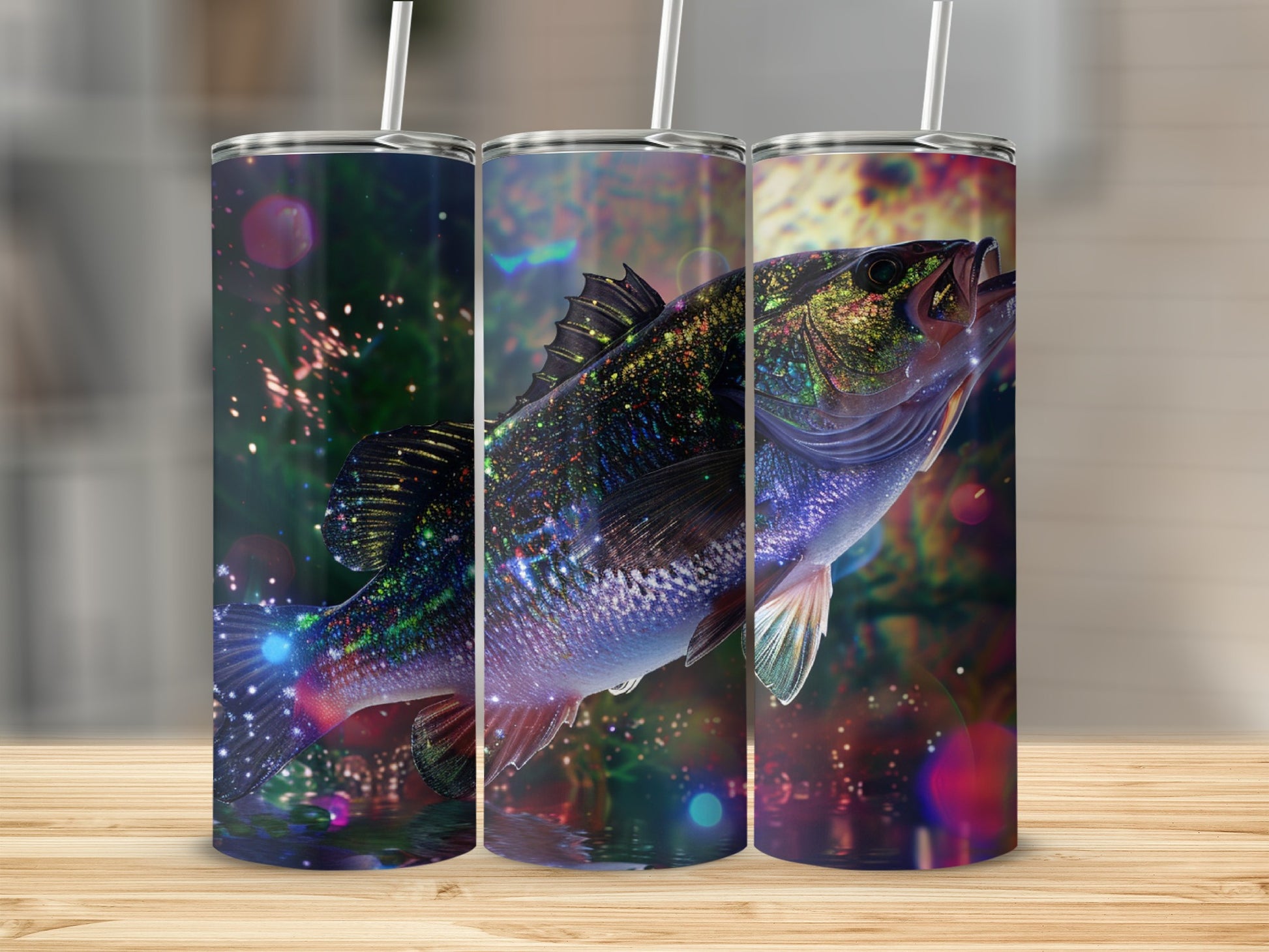 Three stainless steel tumblers with a realistic bass fish design and colorful bokeh background.