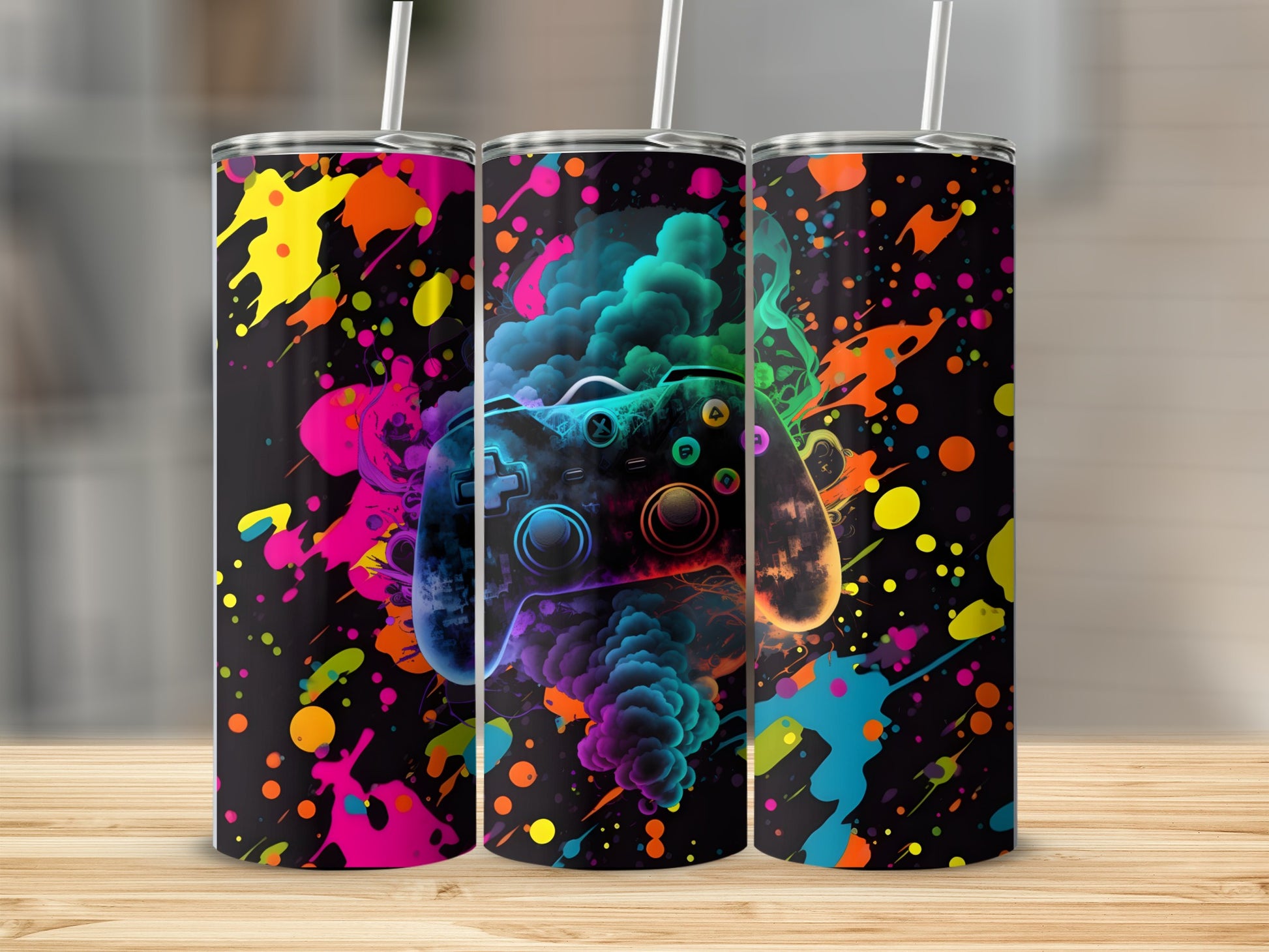 Gaming controller with colorful ink splatters on a black tumbler.