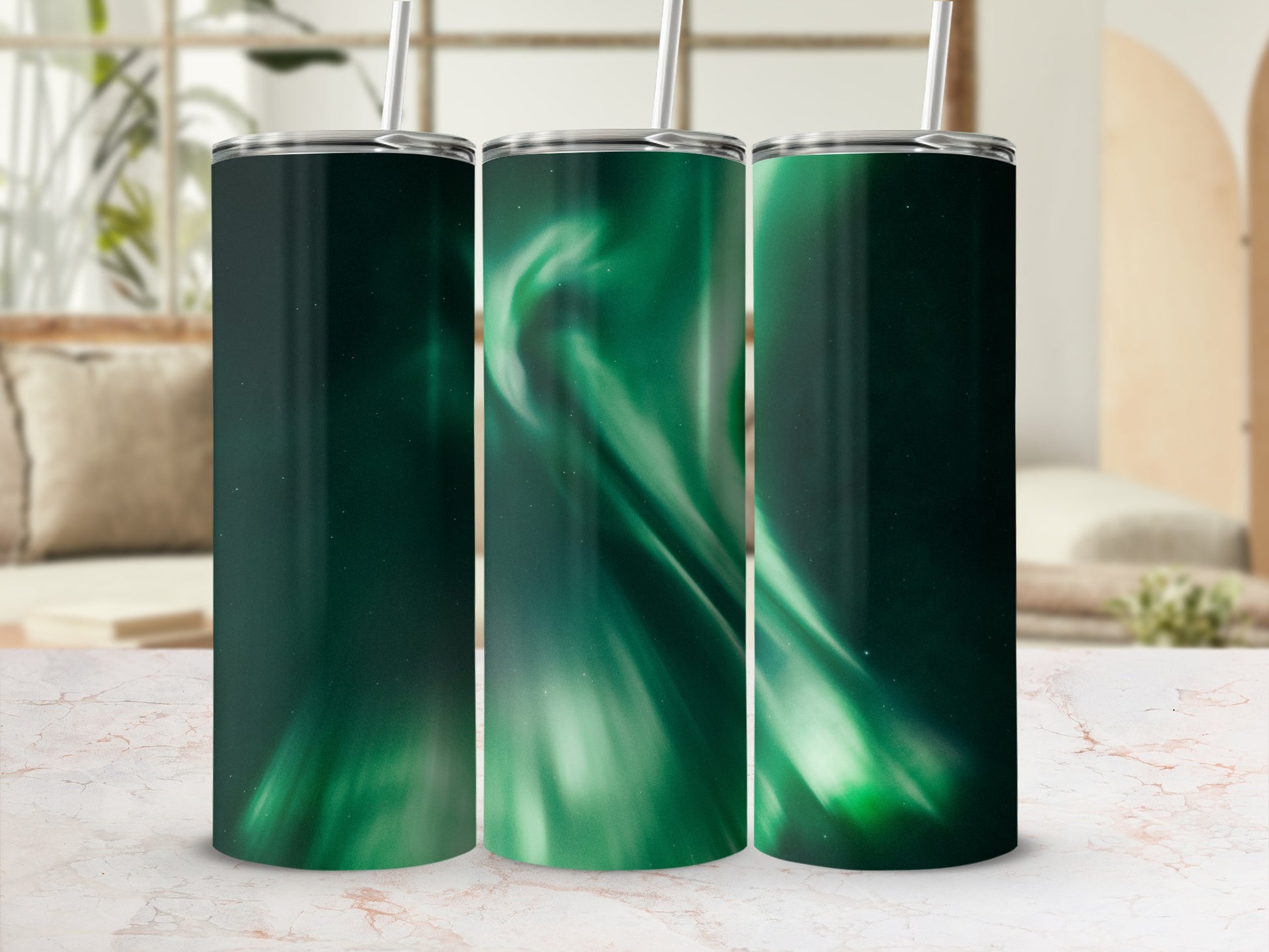 Radiant Green Aurora Design Stainless Tumbler Cup