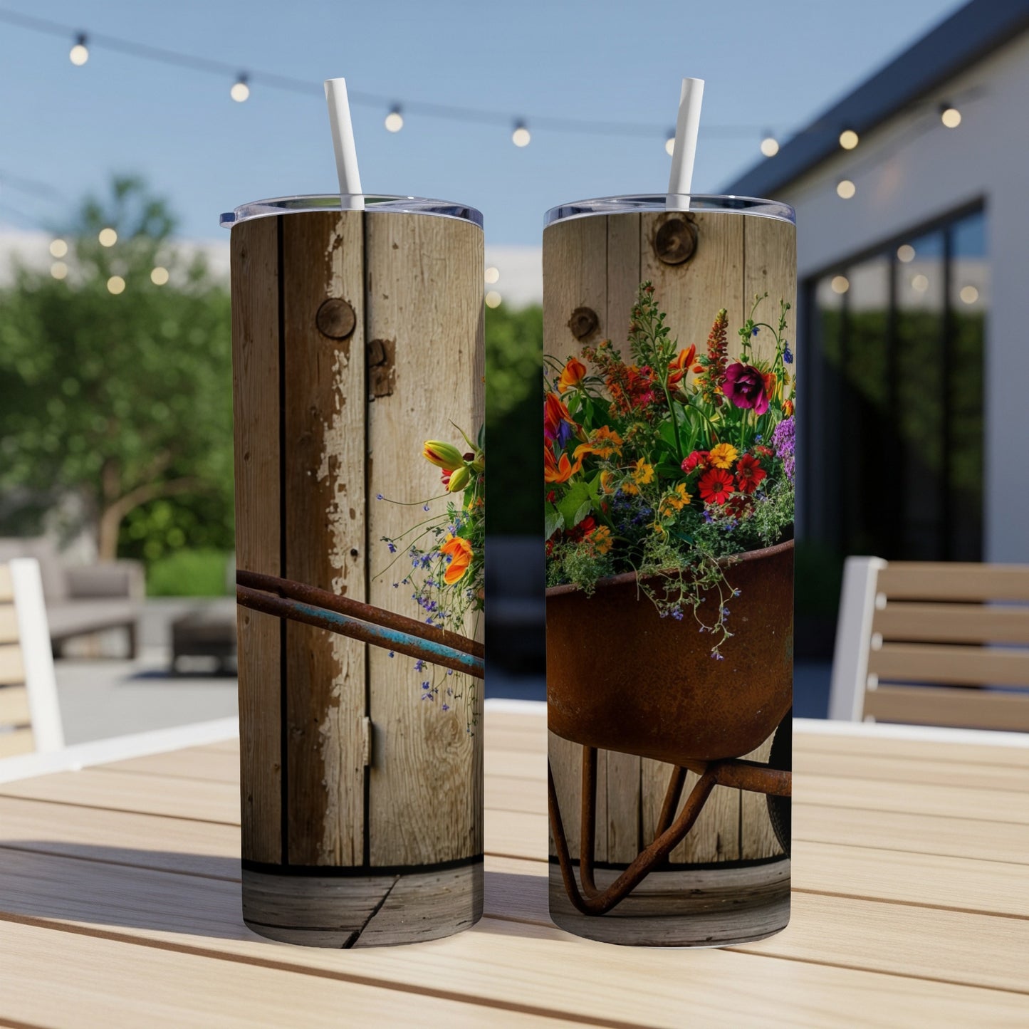 Tumblers with floral wheelbarrow design on a wooden table outdoors.