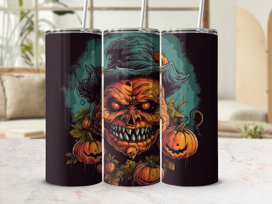 Tumbler with a scary pumpkin character wearing a hat surrounded by smaller pumpkins.