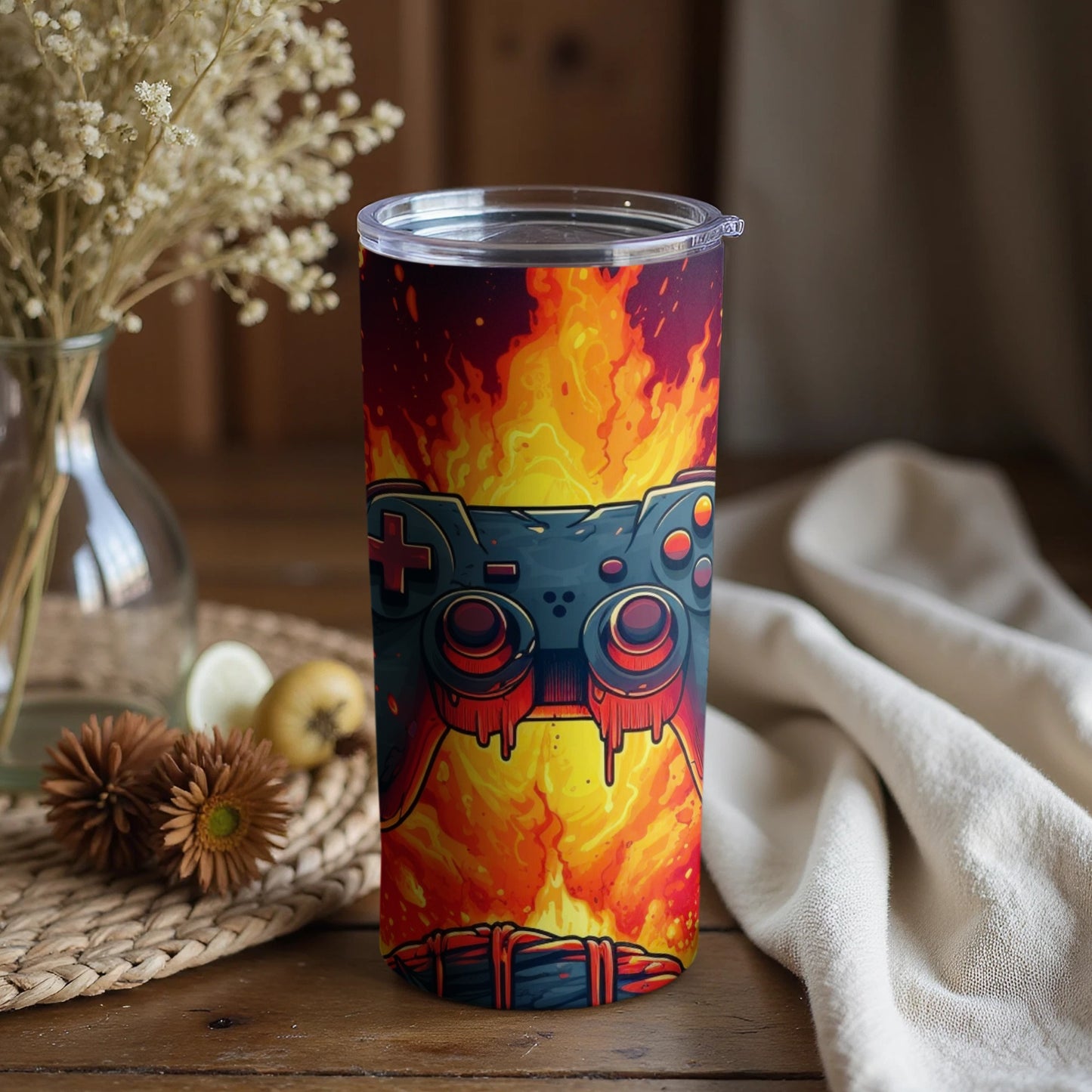Gaming Controller Fiery Design Travel Tumbler Cup
