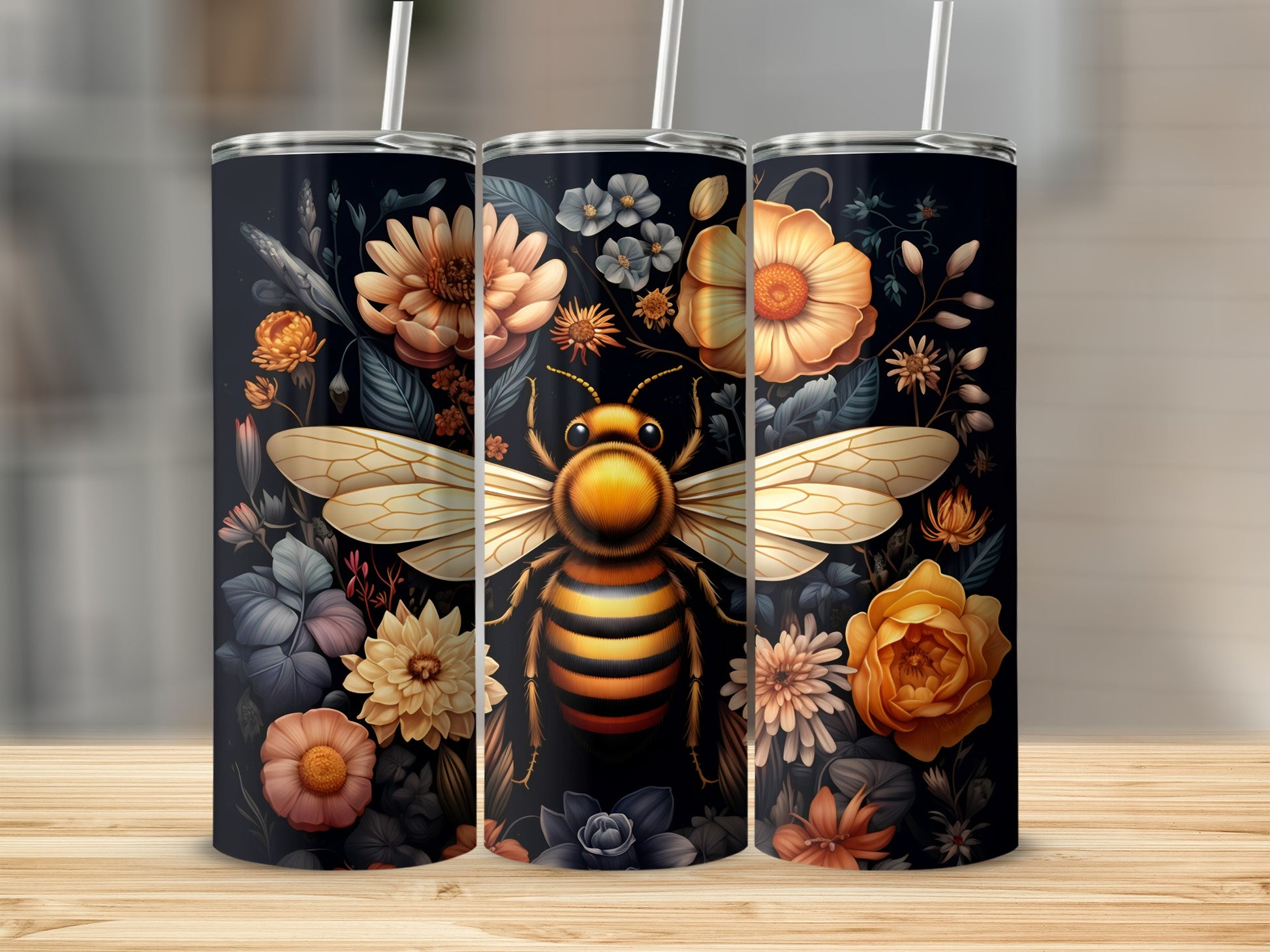 Bee and floral design on a black tumbler.
