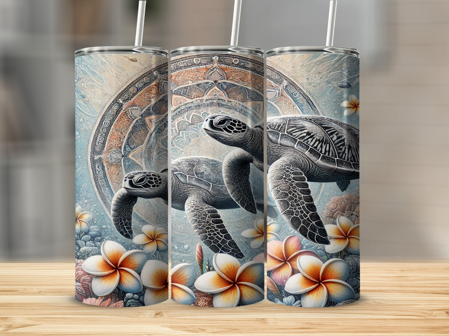 Turtle and Floral Mandala Print Tumbler