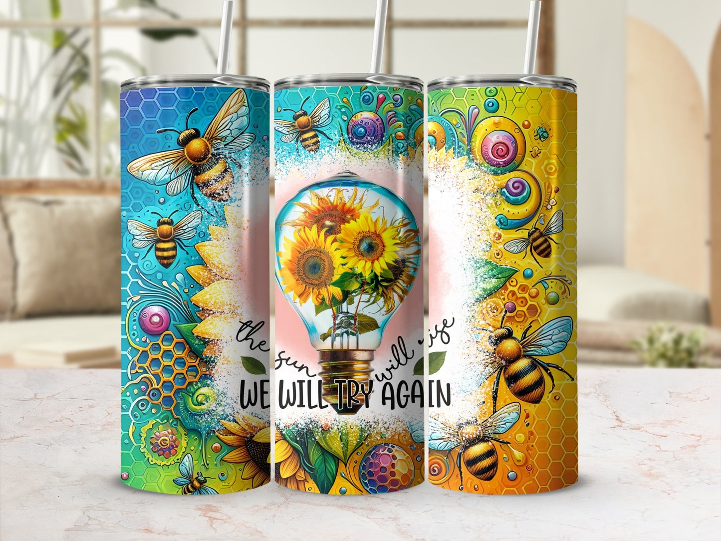 Colorful Sunflower and Bumblebee Tumbler Cup Design