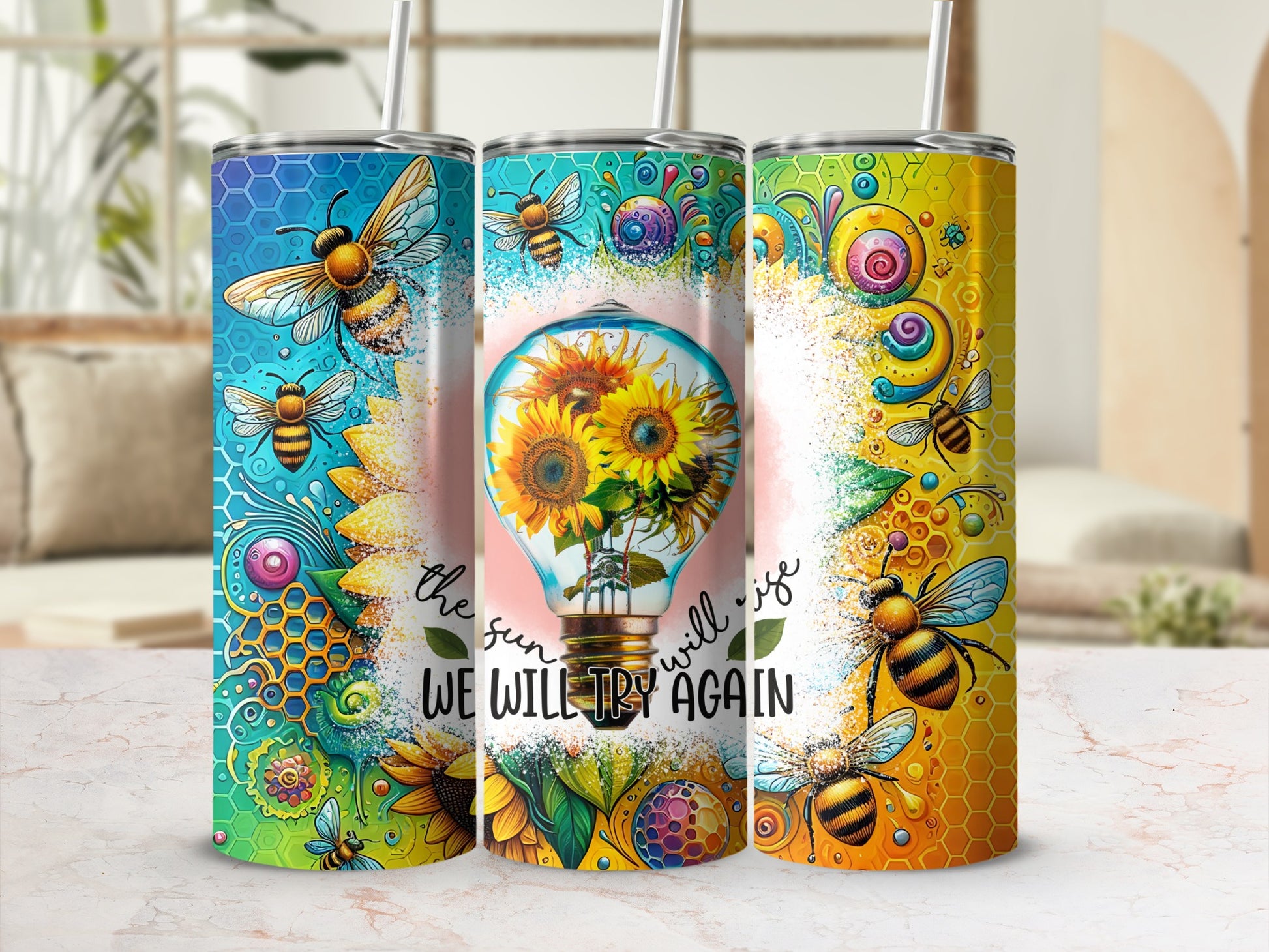 Colorful Sunflower and Bumblebee Tumbler Cup Design