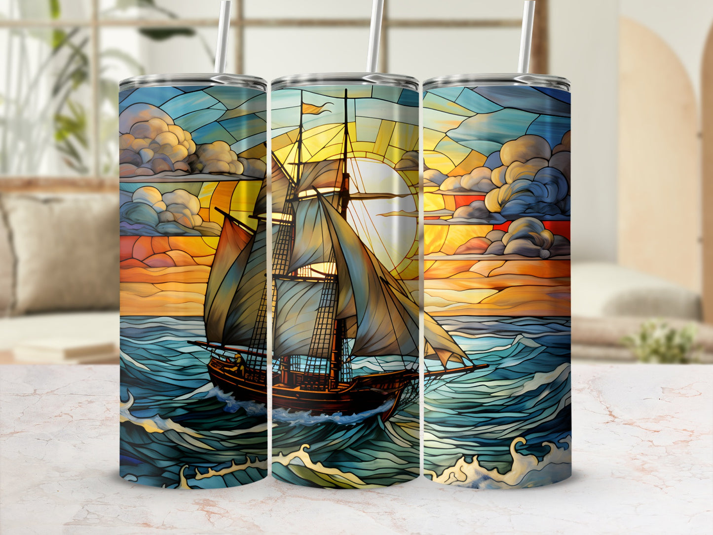Stained glass tumbler featuring a tall ship sailing at sunset.
