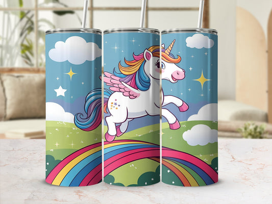 Three skinny tumblers with a unicorn flying over a rainbow.