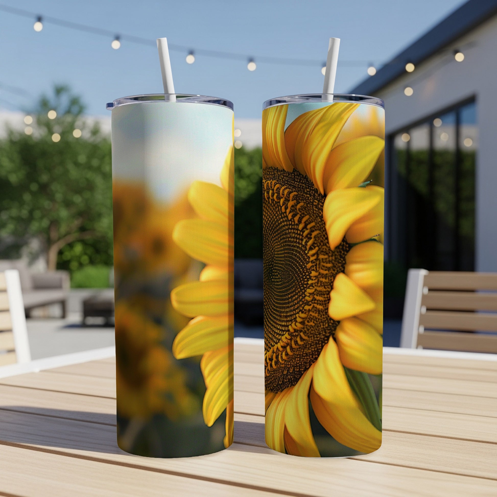 Two sunflowers on tumblers on a wooden table.