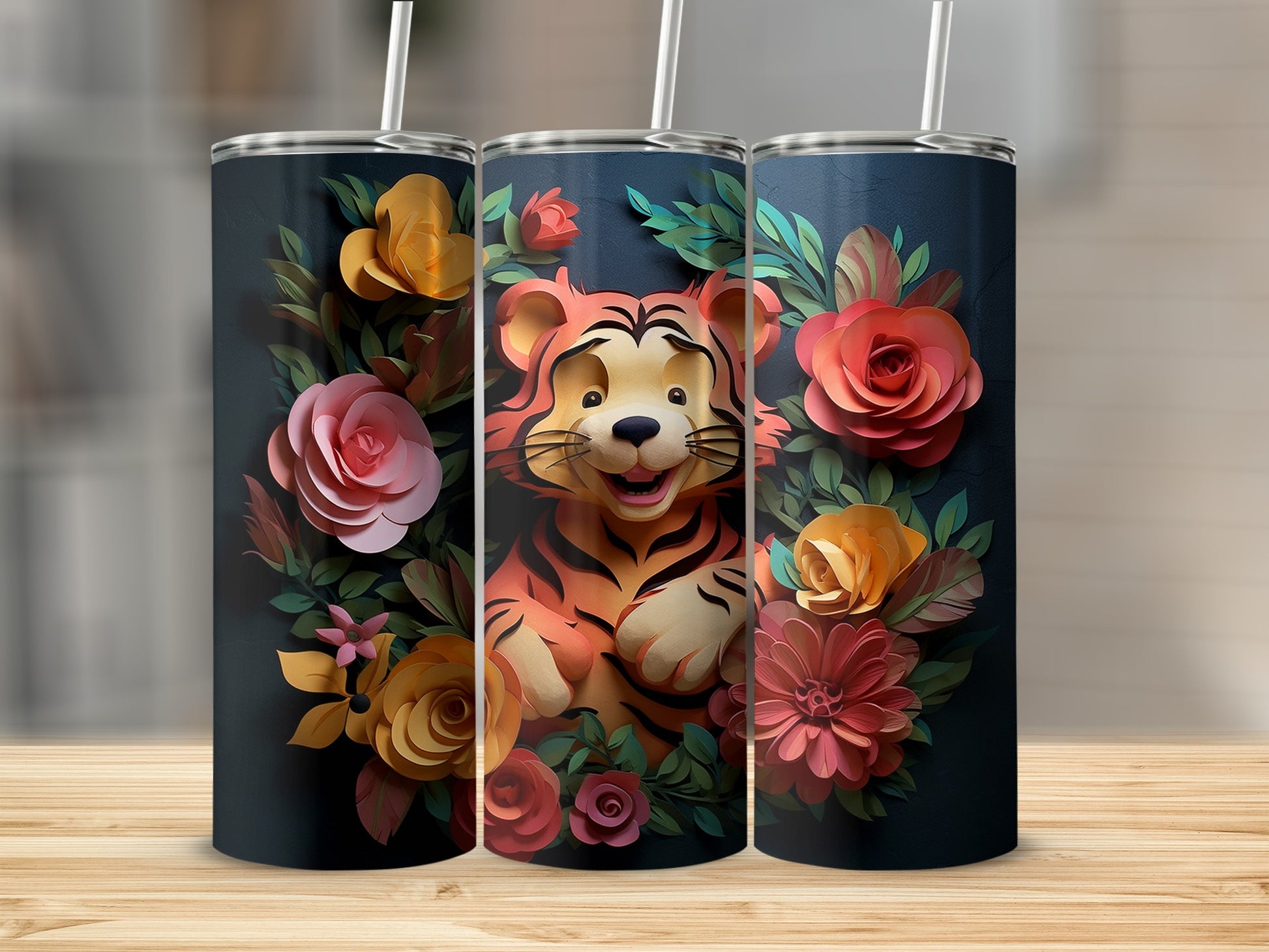 Cute Tiger with Colorful Flowers Pattern Tumbler