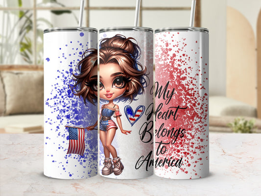Girl in patriotic outfit holding American flag, "My Heart Belongs to America" text.