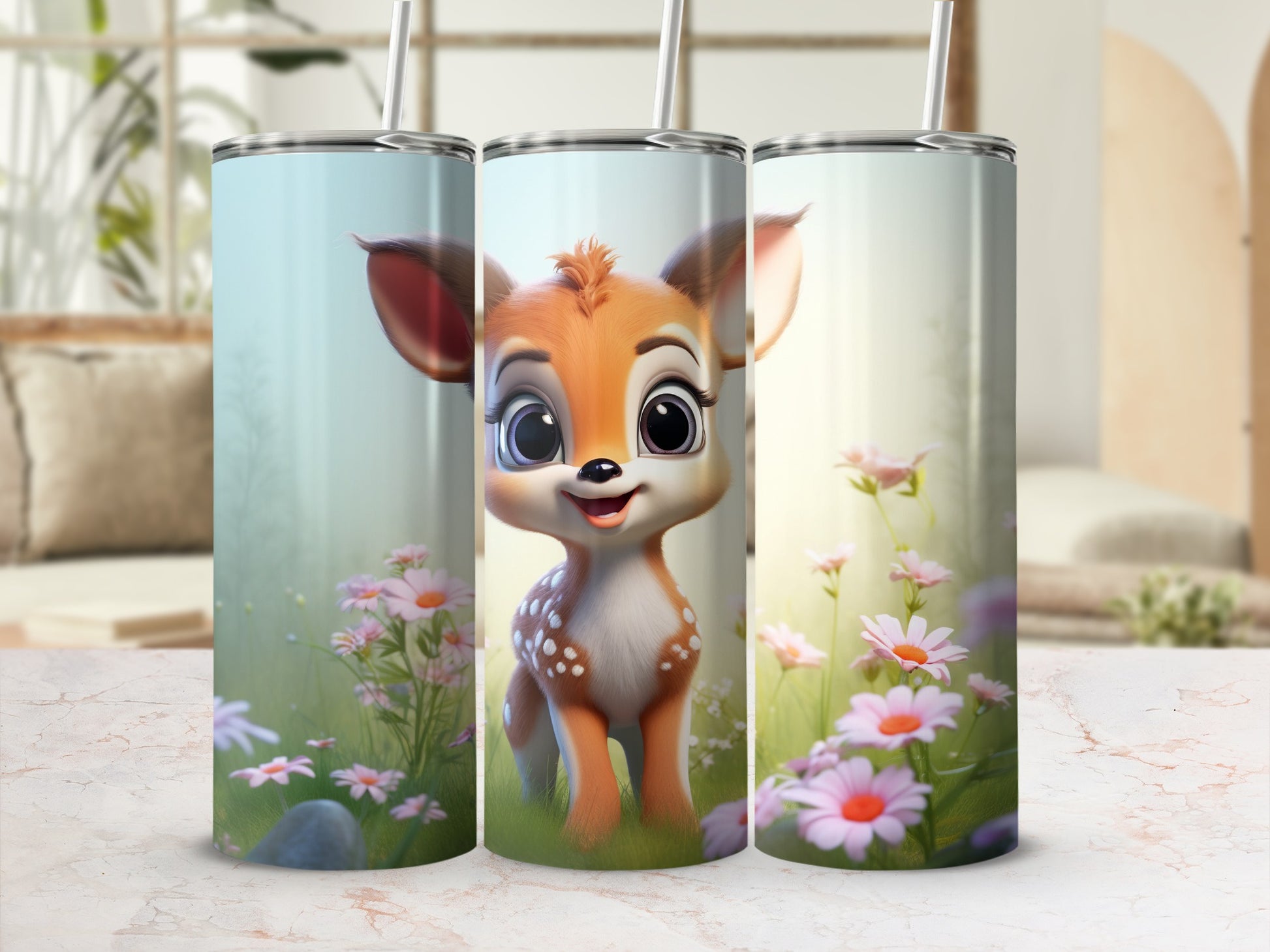 Cute Deer and Floral Design Tumbler With Straw