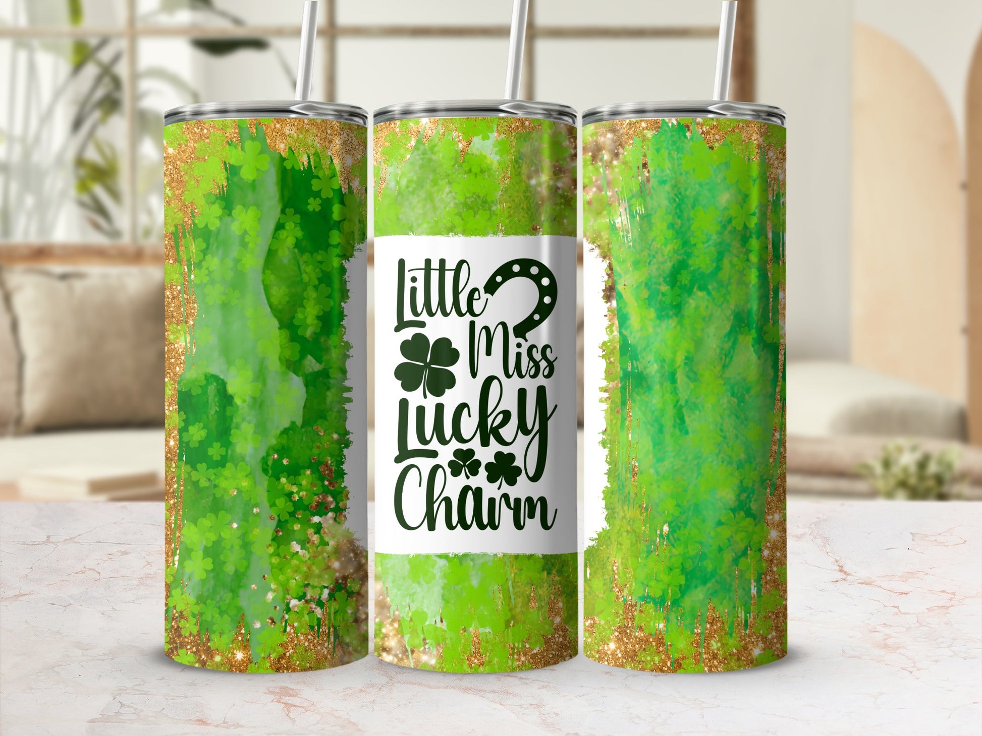 Green tumbler with glitter accents and "Little Miss Lucky Charm" text.