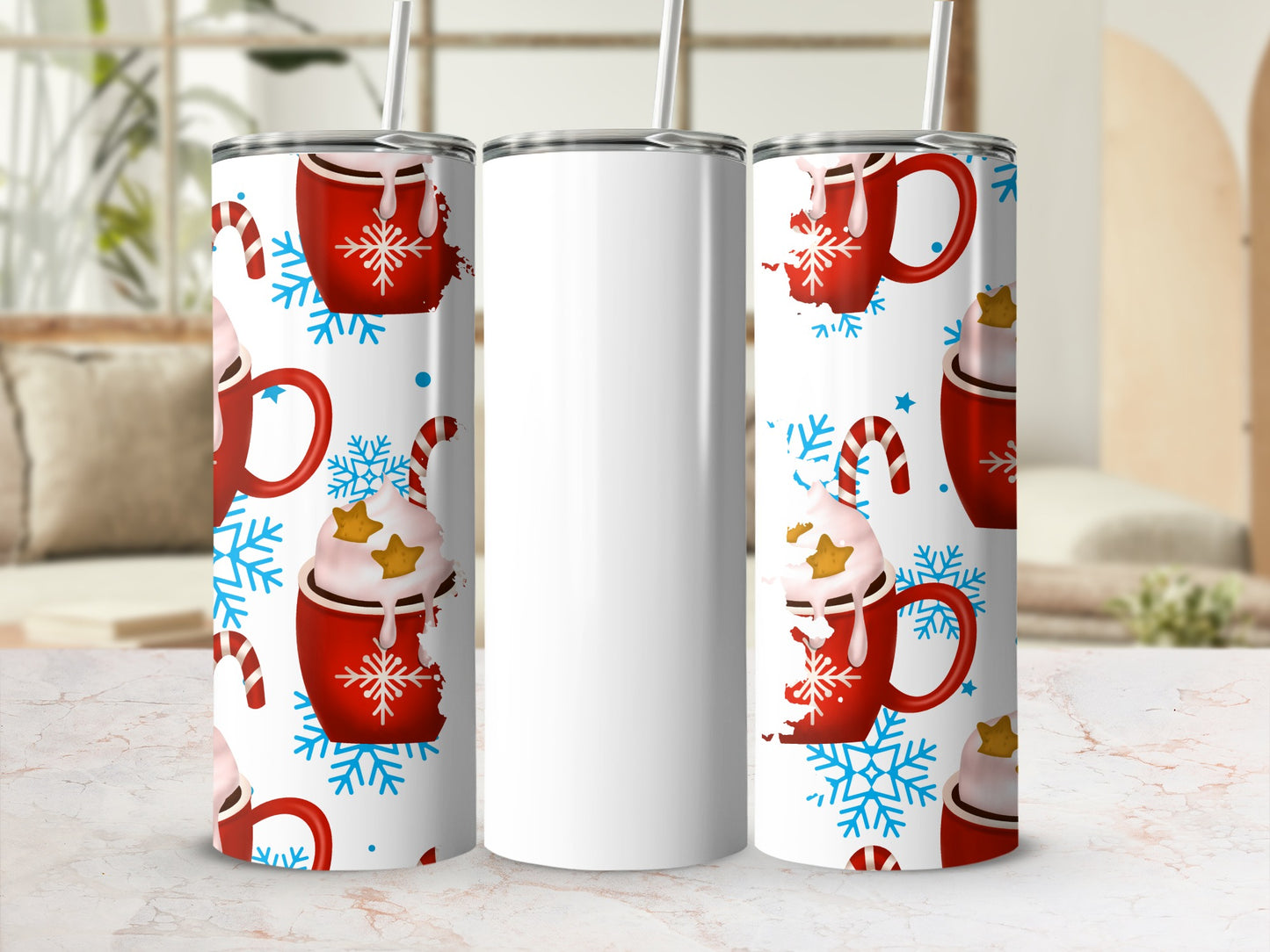 Festive Holiday Mug and Snowflakes Tumbler Design