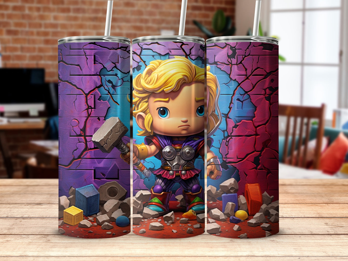 Adorable Toy Hero with Hammer Colorful Tumbler Design