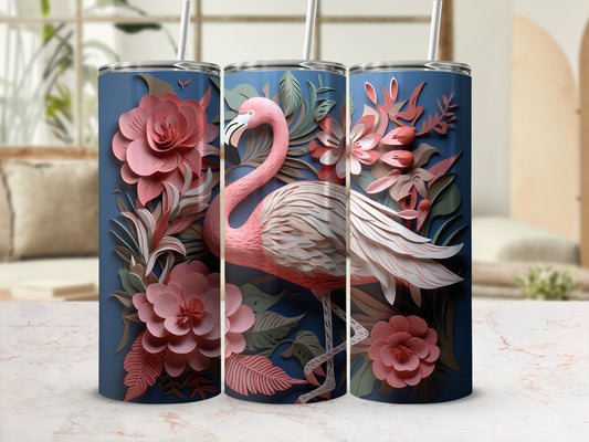 Three tall tumblers with a pink flamingo and floral design.