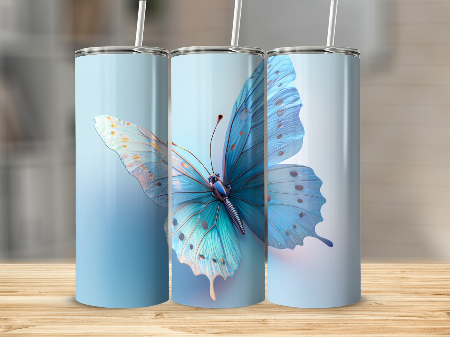 Blue butterfly design on a light blue sublimation tumbler.