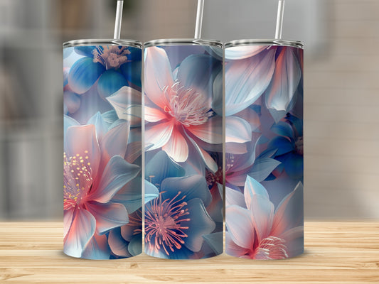 Three tumblers with a floral design in shades of blue and pink.