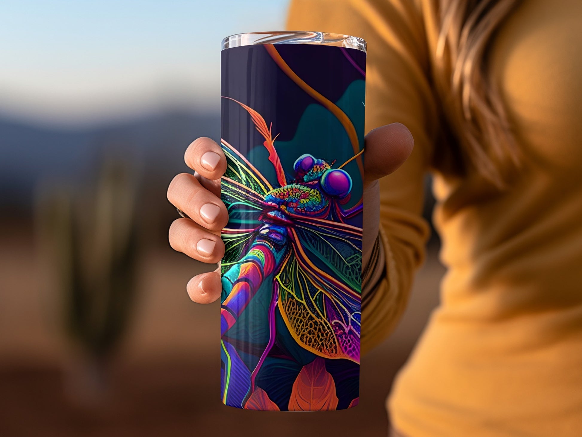 Vibrant Multicolored Dragonfly Art Travel Mug